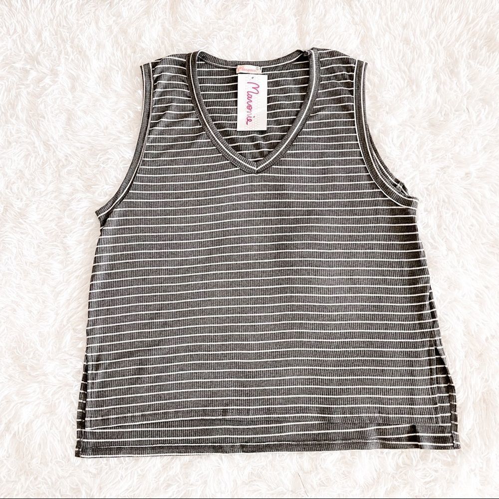 Maronie REVOLVE Striped Ribbed V Neck Tank Top Gray Size L NWT